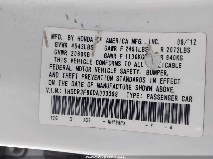 2013 Honda Accord Ex-L V-6 VIN: 1HGCR3F80DA003399 Lot: 43873552