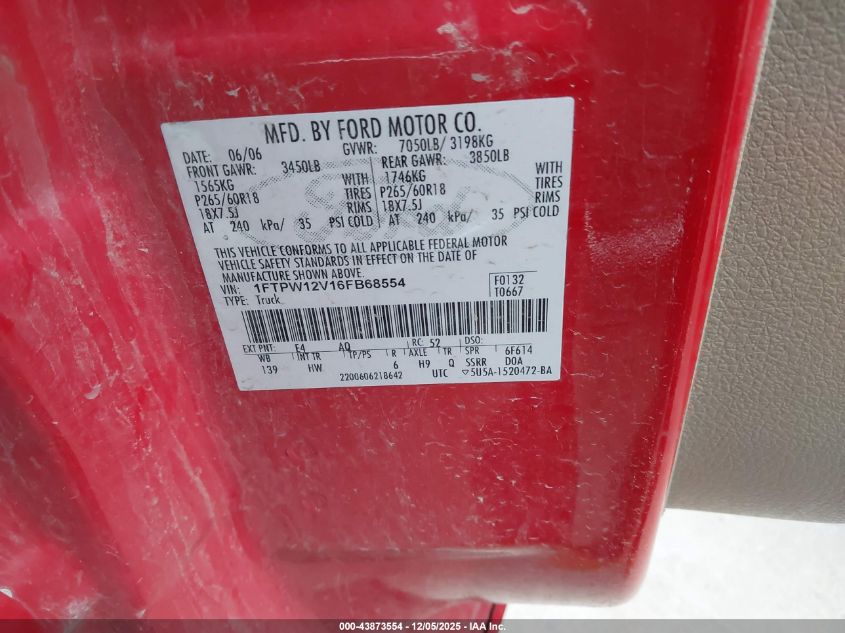 2006 Ford F-150 Lariat/Xlt VIN: 1FTPW12V16FB68554 Lot: 43873554