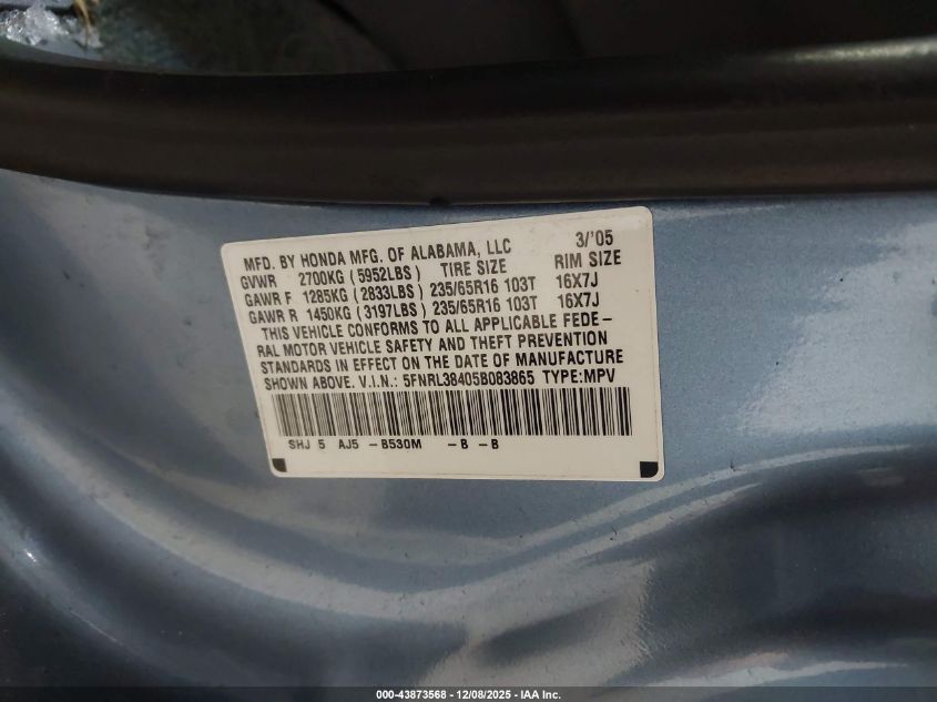 2005 Honda Odyssey Ex VIN: 5FNRL38405B083865 Lot: 43873568