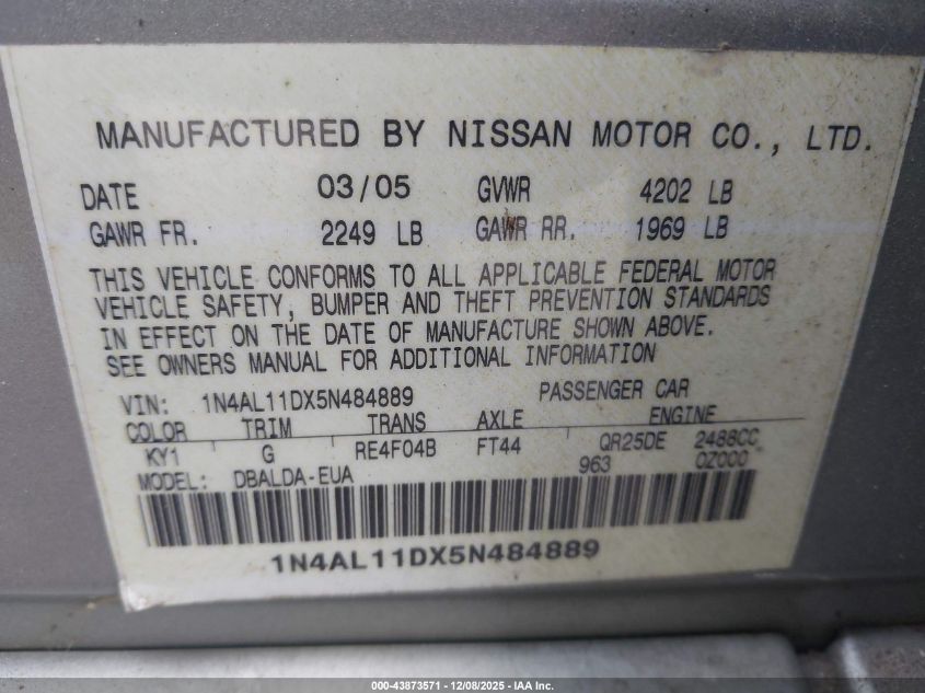 2005 Nissan Altima 2.5 S VIN: 1N4AL11DX5N484889 Lot: 43873571