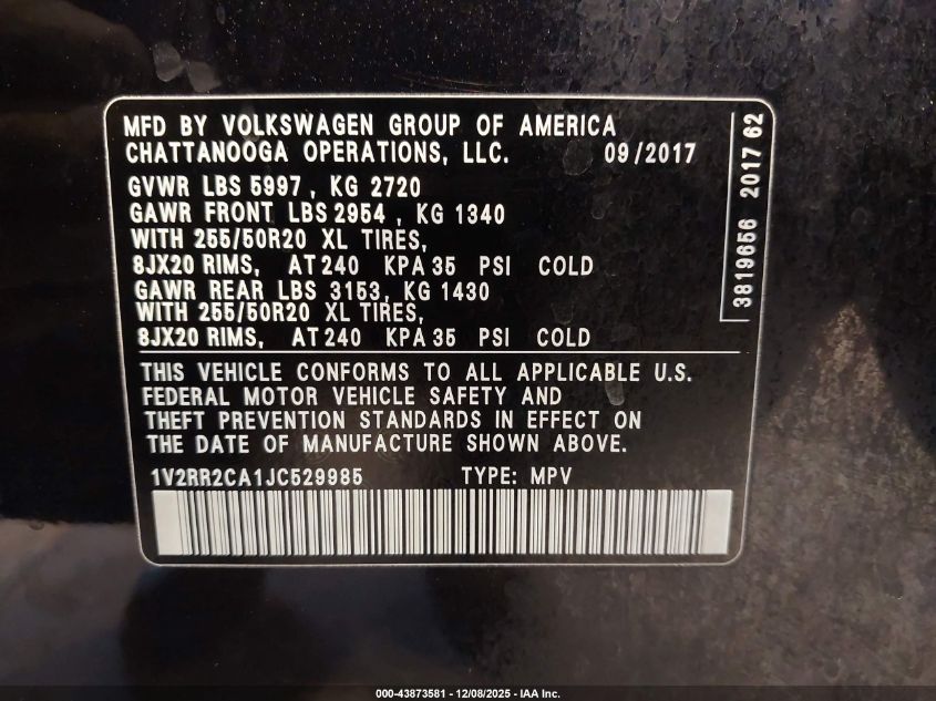 2018 Volkswagen Atlas 3.6L V6 Sel VIN: 1V2RR2CA1JC529985 Lot: 43873581