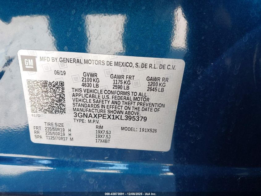2019 Chevrolet Equinox Premier VIN: 3GNAXPEX1KL395379 Lot: 43873591