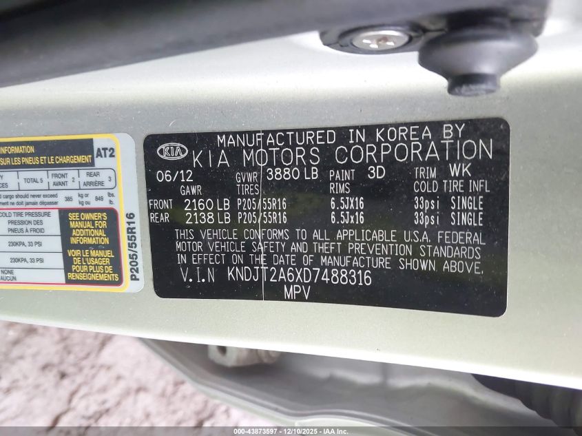 2013 Kia Soul + VIN: KNDJT2A6XD7488316 Lot: 43873597