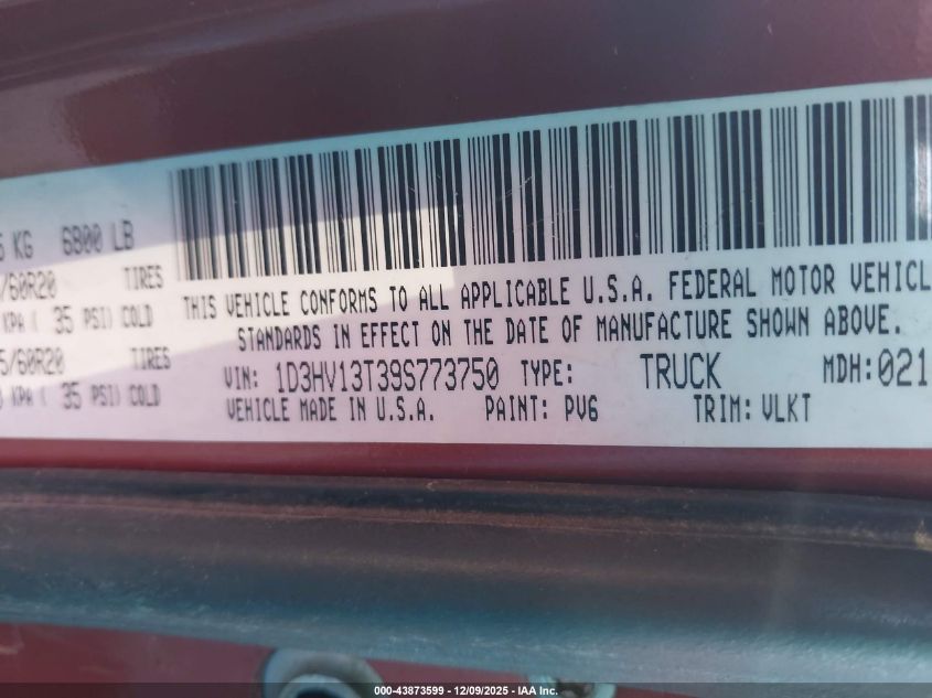 2009 Dodge Ram 1500 Laramie VIN: 1D3HV13T39S773750 Lot: 43873599