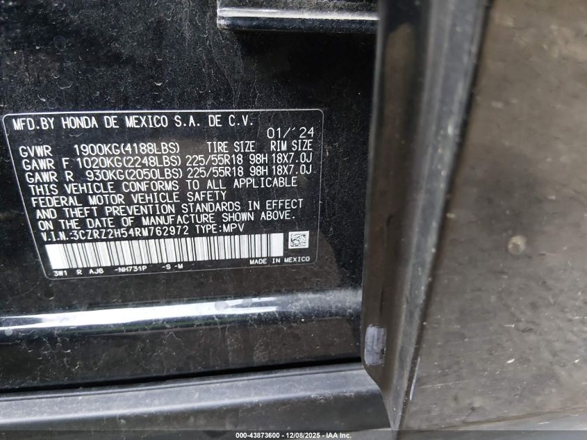 2024 Honda Hr-V Awd Sport/Awd Sport W/O Bsi VIN: 3CZRZ2H54RM762972 Lot: 43873600