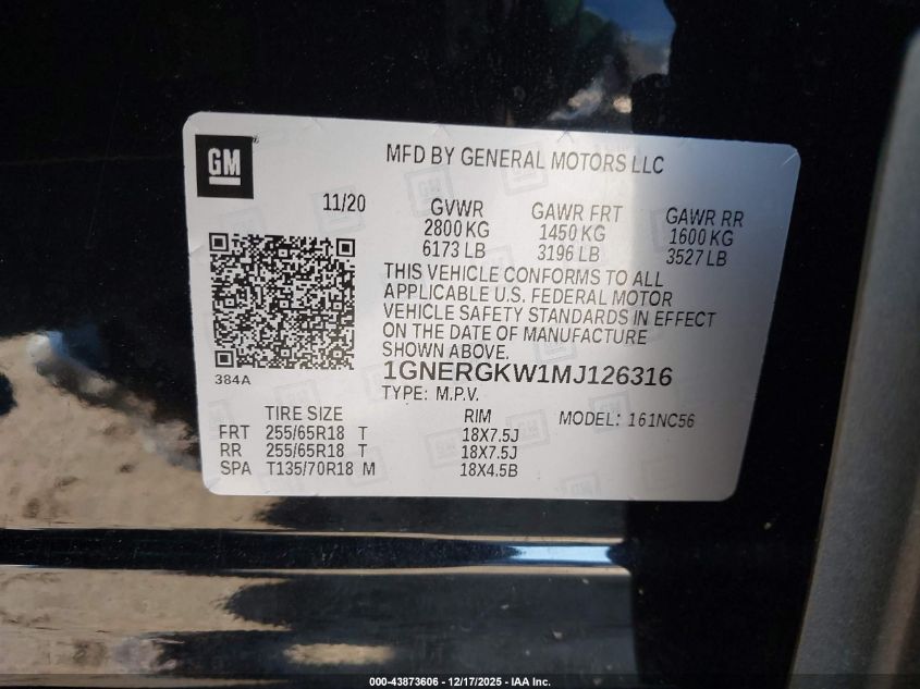 2021 Chevrolet Traverse Fwd Lt Cloth VIN: 1GNERGKW1MJ126316 Lot: 43873606