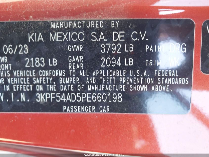 2023 Kia Forte Gt-Line VIN: 3KPF54AD5PE660198 Lot: 43873610