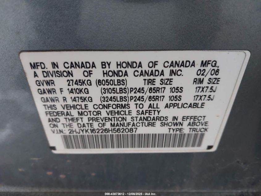 2006 Honda Ridgeline Rt VIN: 2HJYK16226H562087 Lot: 43873612