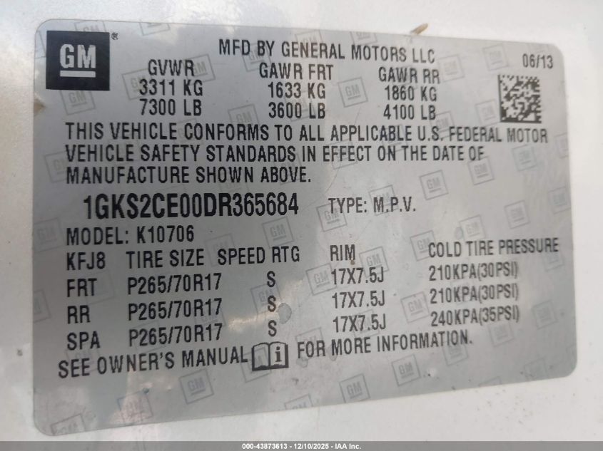 2013 GMC Yukon Slt VIN: 1GKS2CE00DR365684 Lot: 43873613