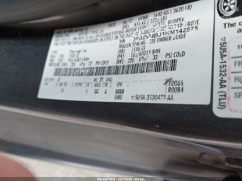 2017 Ford Fiesta Se VIN: 3FADP4BJ1HM142575 Lot: 43873619