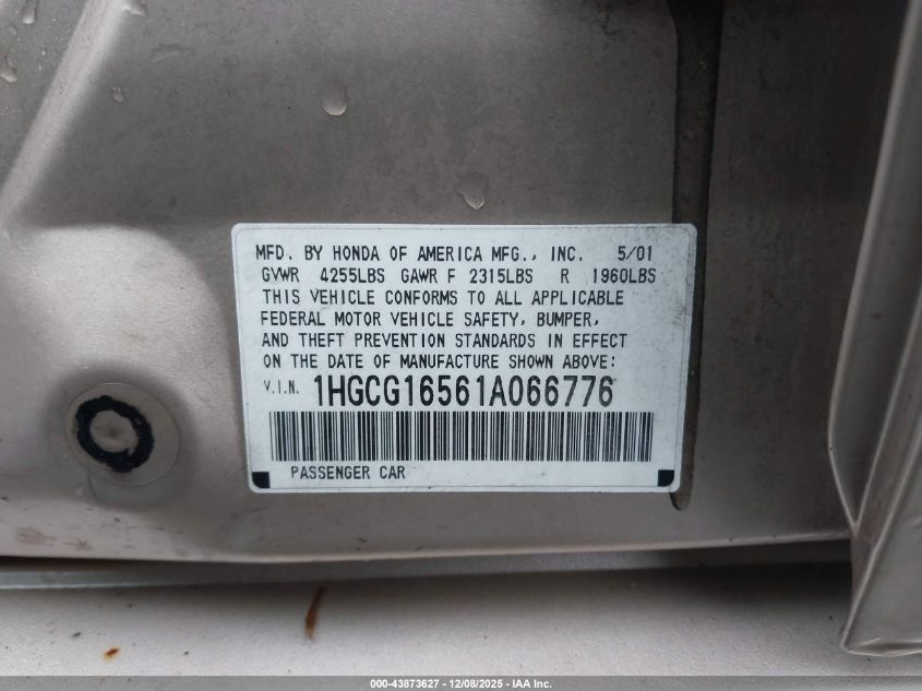 2001 Honda Accord 3.0 Ex VIN: 1HGCG16561A066776 Lot: 43873627