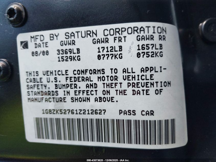 2001 Saturn Sl2 VIN: 1G8ZK52761Z212627 Lot: 43873628
