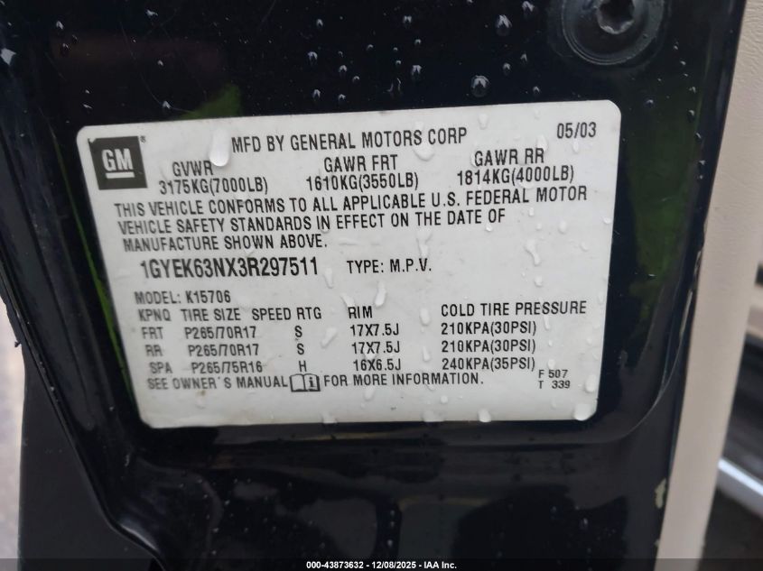 2003 Cadillac Escalade Standard VIN: 1GYEK63NX3R297511 Lot: 43873632