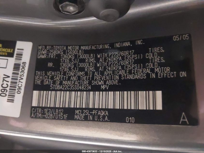 2005 Toyota Sienna Xle Limited VIN: 5TDBA22C35S048234 Lot: 43873633