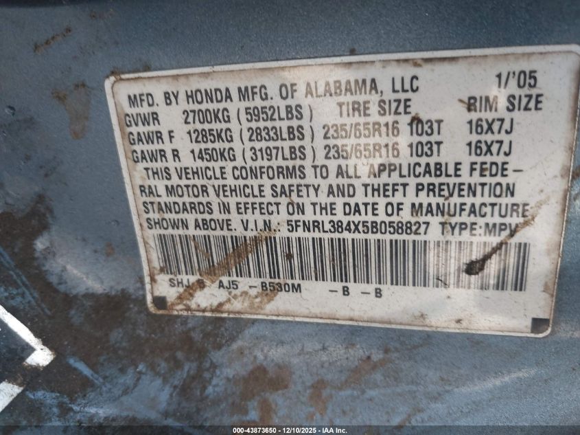 2005 Honda Odyssey Ex VIN: 5FNRL384X5B058827 Lot: 43873650