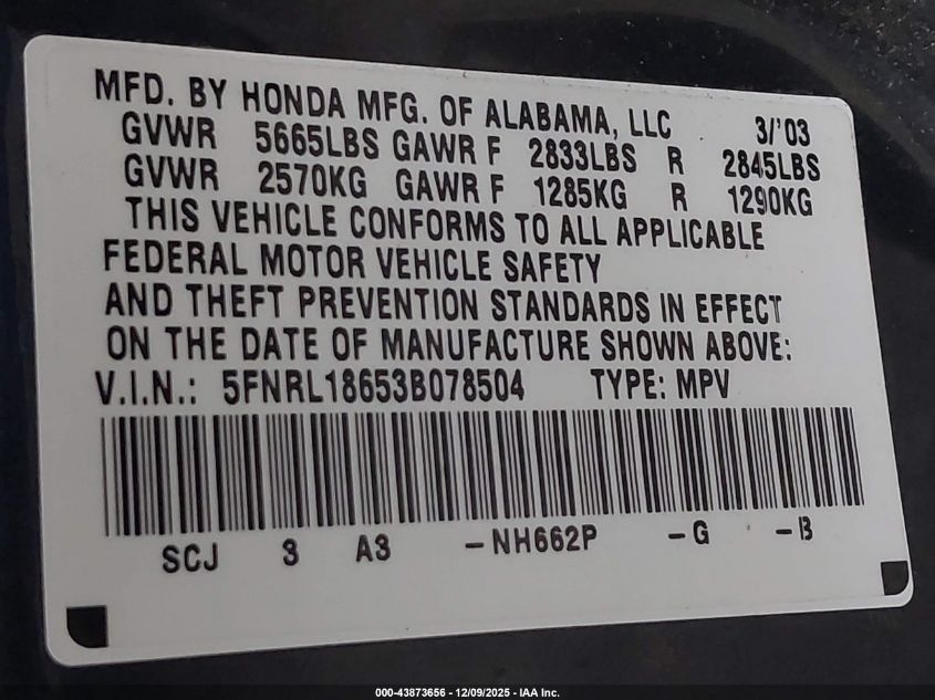 2003 Honda Odyssey Ex VIN: 5FNRL18653B078504 Lot: 43873656