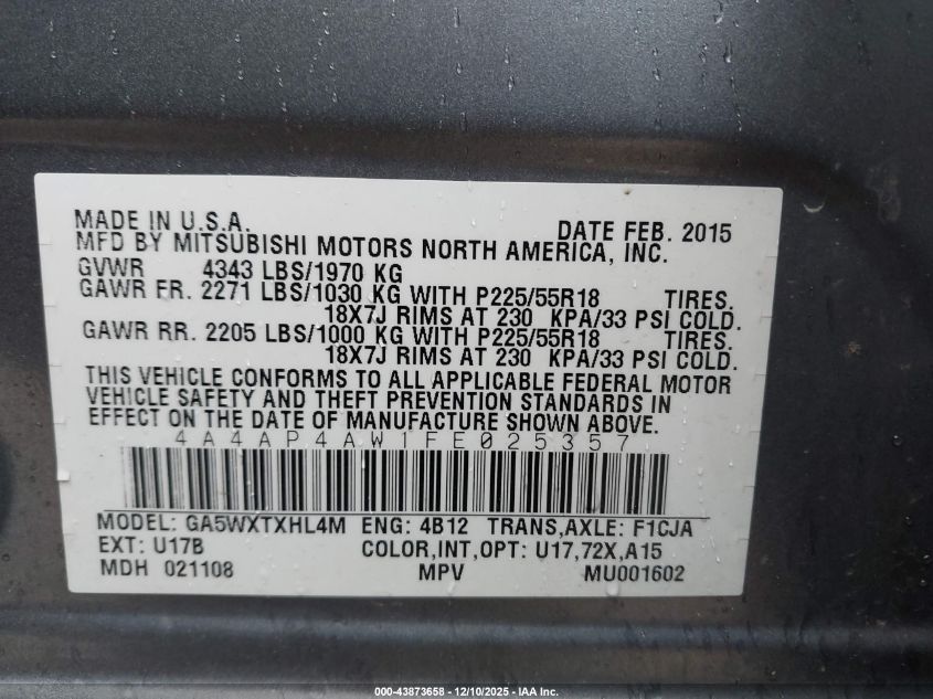 2015 Mitsubishi Outlander Sport Gt VIN: 4A4AP4AW1FE025357 Lot: 43873658