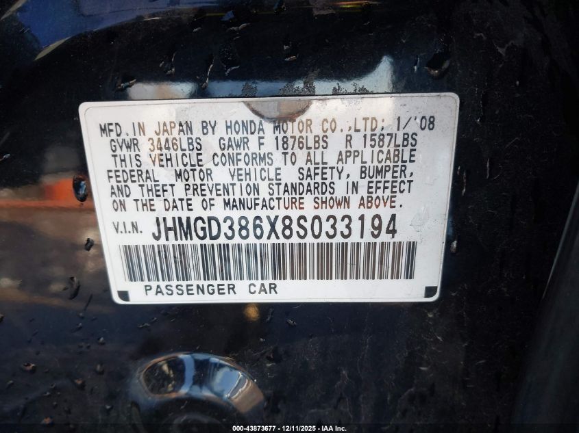 2008 Honda Fit Sport VIN: JHMGD386X8S033194 Lot: 43873677