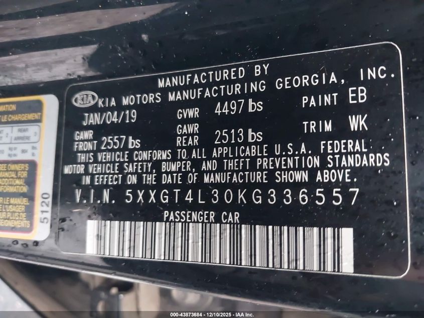 2019 Kia Optima Lx VIN: 5XXGT4L30KG336557 Lot: 43873684