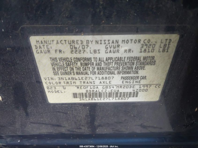 2007 Nissan Sentra 2.0 VIN: 3N1AB61E27L718807 Lot: 43873694