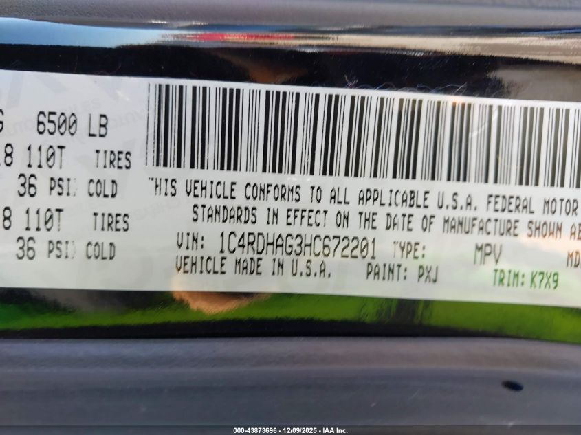 2017 Dodge Durango Sxt Rwd VIN: 1C4RDHAG3HC672201 Lot: 43873696