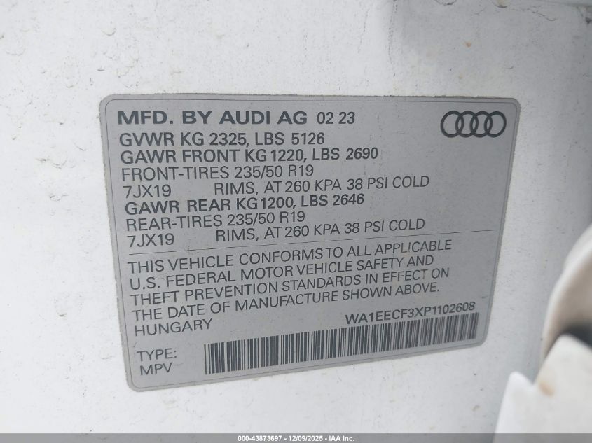 2023 Audi Q3 Premium Plus 45 Tfsi S Line Quattro Tiptronic VIN: WA1EECF3XP1102608 Lot: 43873697
