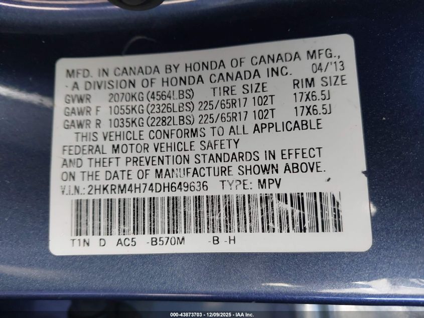 2013 Honda Cr-V Ex-L VIN: 2HKRM4H74DH649636 Lot: 43873703