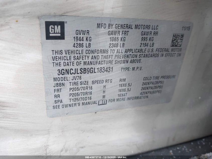 2016 Chevrolet Trax Lt VIN: 3GNCJLSB9GL183431 Lot: 43873710