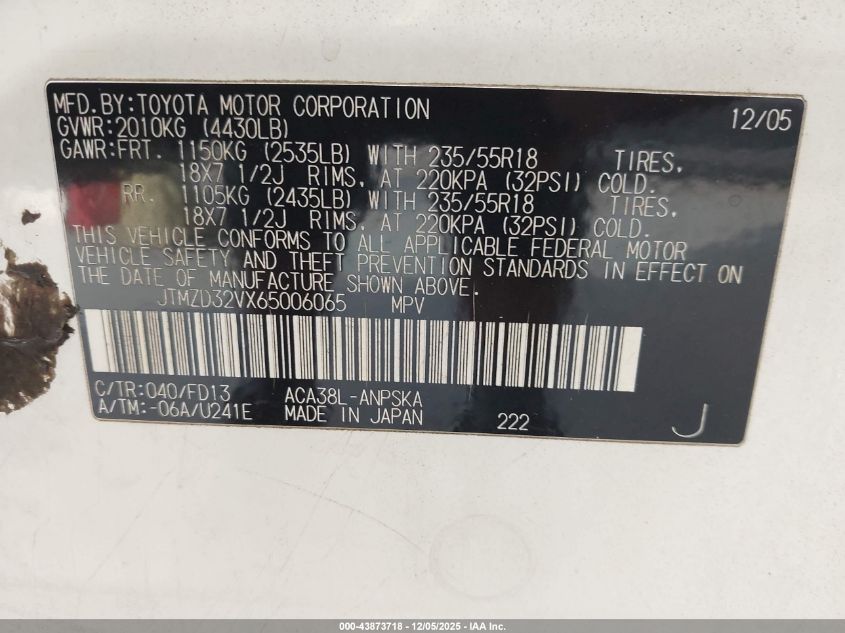 2006 Toyota Rav4 Sport VIN: JTMZD32VX65006065 Lot: 43873718