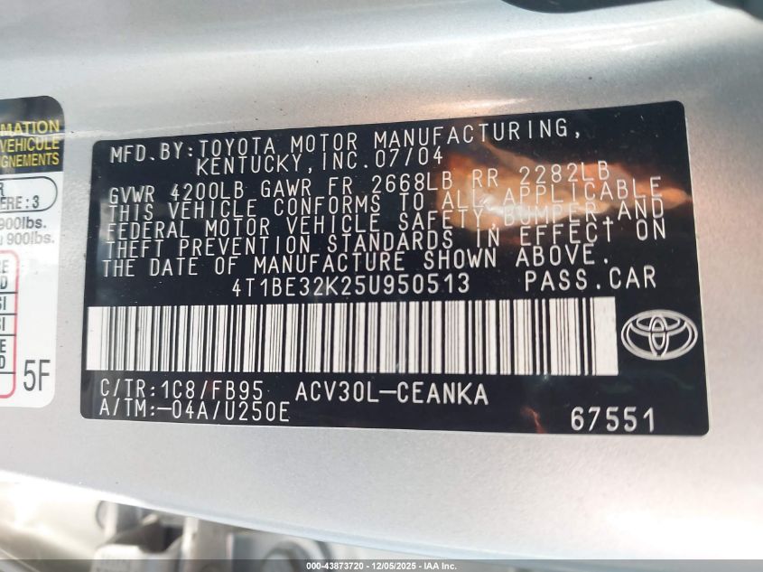 2005 Toyota Camry Le VIN: 4T1BE32K25U950513 Lot: 43873720