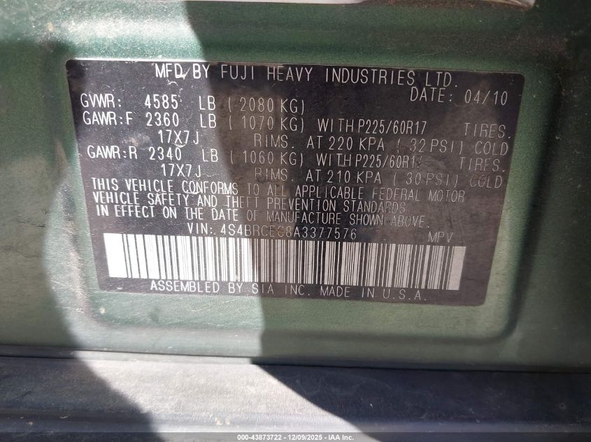 2010 Subaru Outback 2.5I Premium VIN: 4S4BRCEC8A3377576 Lot: 43873722