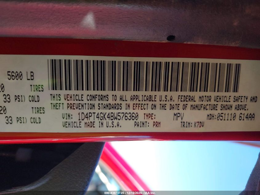 2011 Dodge Nitro Heat VIN: 1D4PT4GK4BW576360 Lot: 43873725