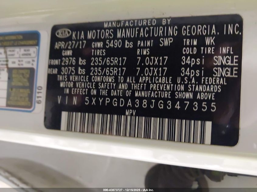 2018 Kia Sorento 2.4L Lx VIN: 5XYPGDA38JG347355 Lot: 43873727