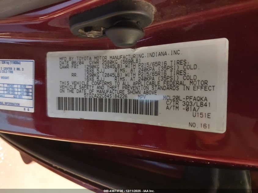 2004 Toyota Sienna Xle VIN: 5TDZA22C84S184226 Lot: 43873736