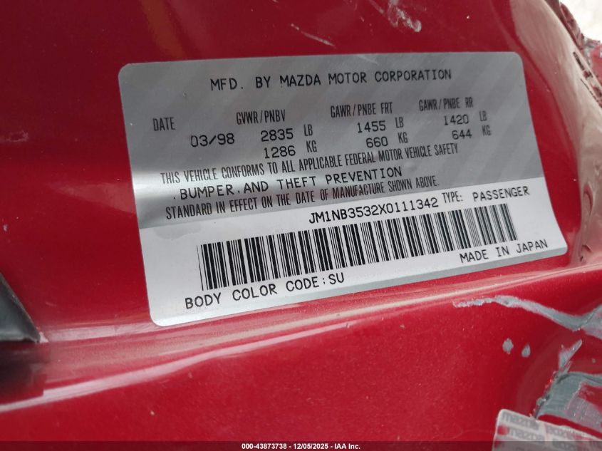 1999 Mazda Mx-5 Miata Leather Pkg/Popular Equipment Pkg/Sports Pkg/Touring Pkg VIN: JM1NB3532X0111342 Lot: 43873738