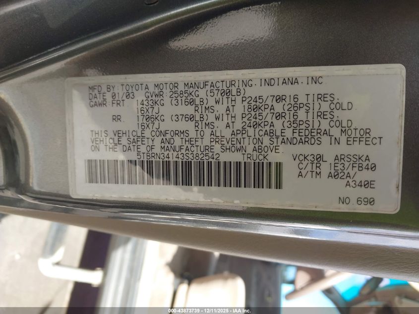 2003 Toyota Tundra Sr5 VIN: 5TBRN34143S382542 Lot: 43873739