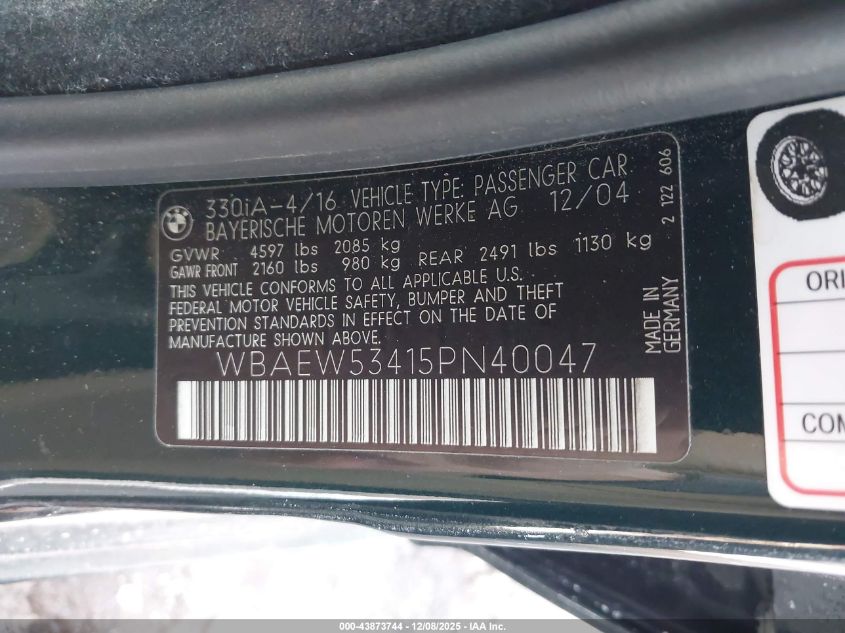 2005 BMW 330Xi VIN: WBAEW53415PN40047 Lot: 43873744