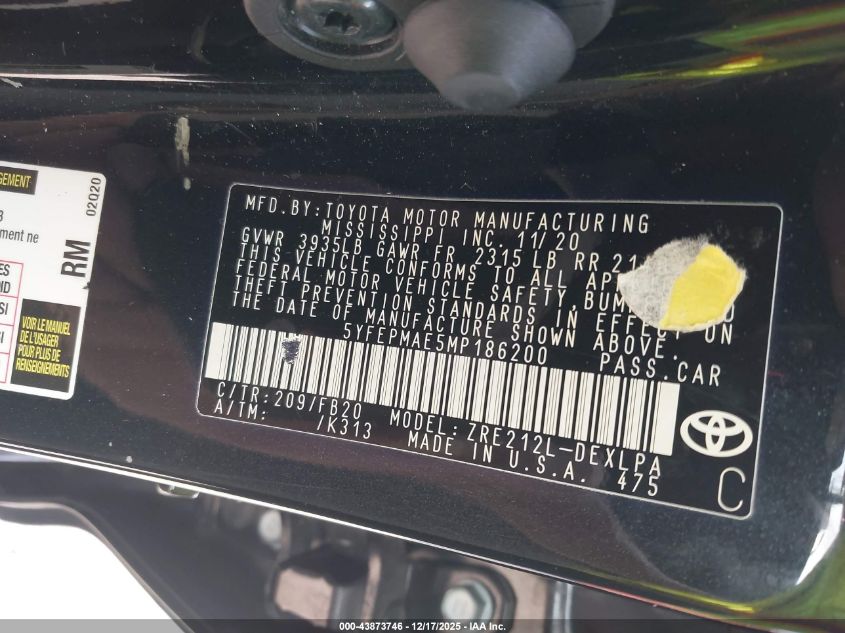 2021 Toyota Corolla Le VIN: 5YFEPMAE5MP186200 Lot: 43873746