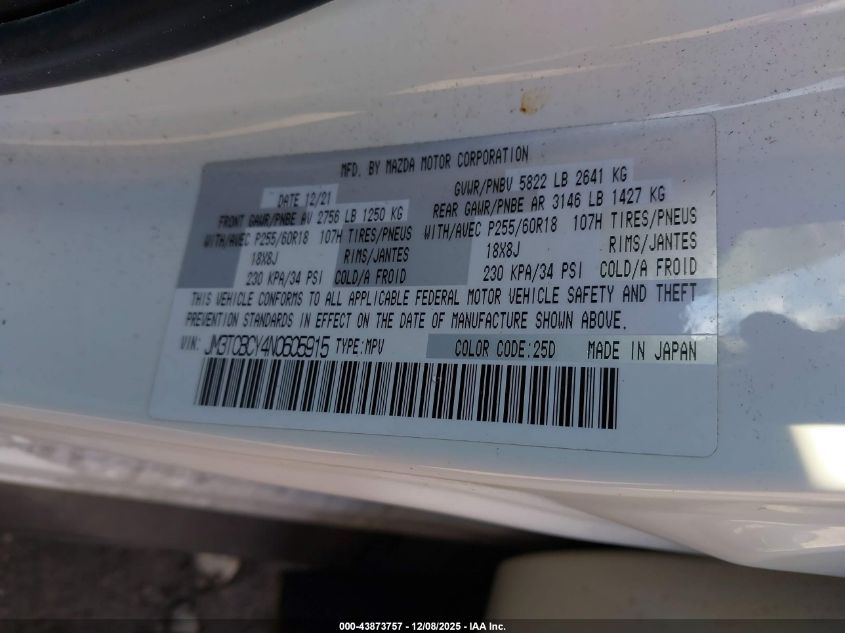 2022 Mazda Cx-9 Touring VIN: JM3TCBCY4N0605915 Lot: 43873757