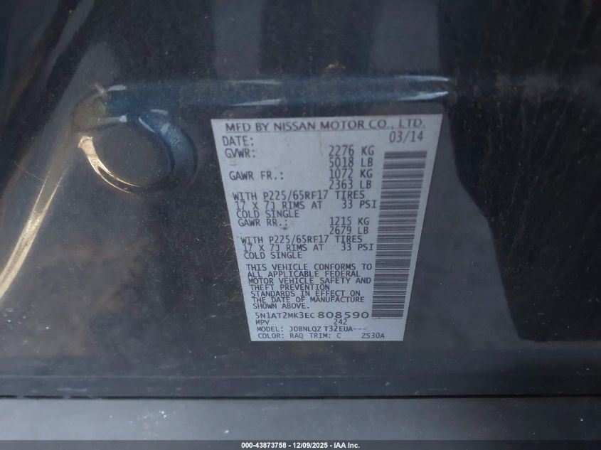 2014 Nissan Rogue Sv VIN: 5N1AT2MK3EC808590 Lot: 43873758