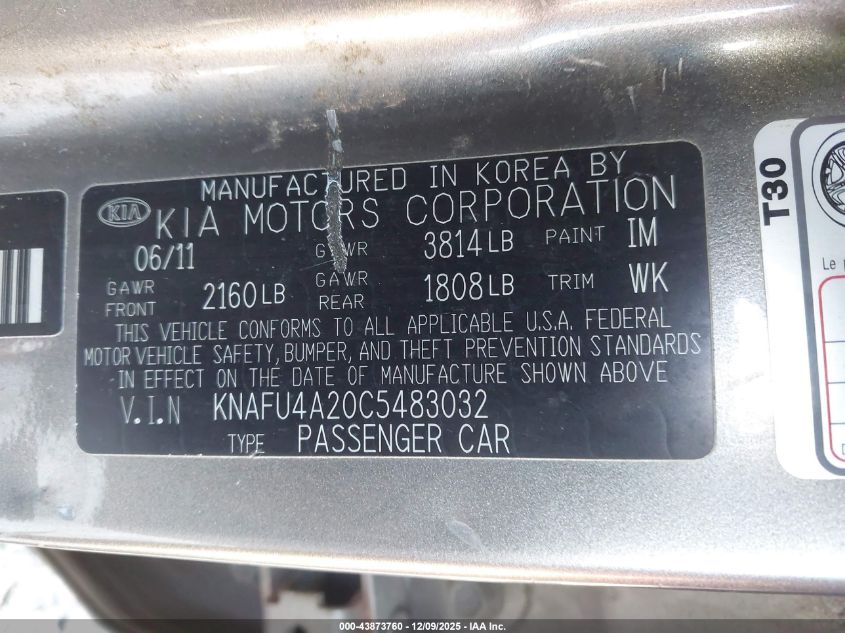 2012 Kia Forte Ex VIN: KNAFU4A20C5483032 Lot: 43873760