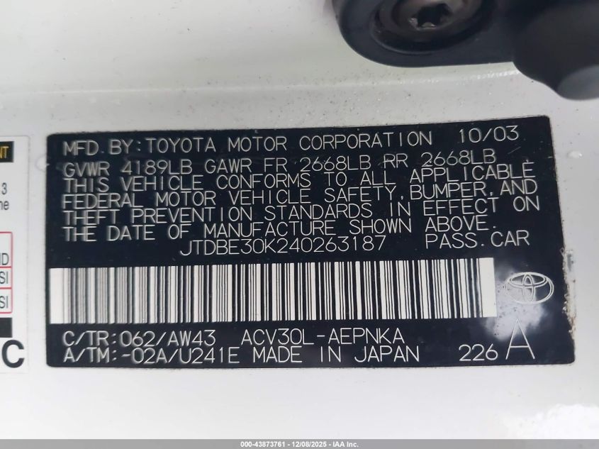 2004 Toyota Camry Le VIN: JTDBE30K240263187 Lot: 43873761