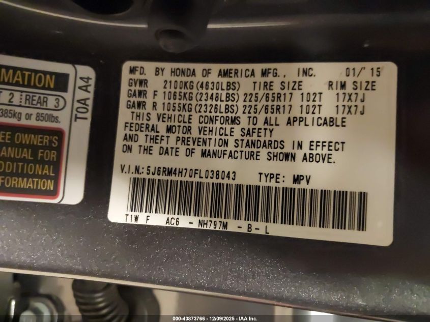 2015 Honda Cr-V Ex-L VIN: 5J6RM4H70FL038043 Lot: 43873766