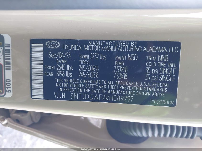 2024 Hyundai Santa Cruz Xrt VIN: 5NTJDDAF2RH089297 Lot: 43873768