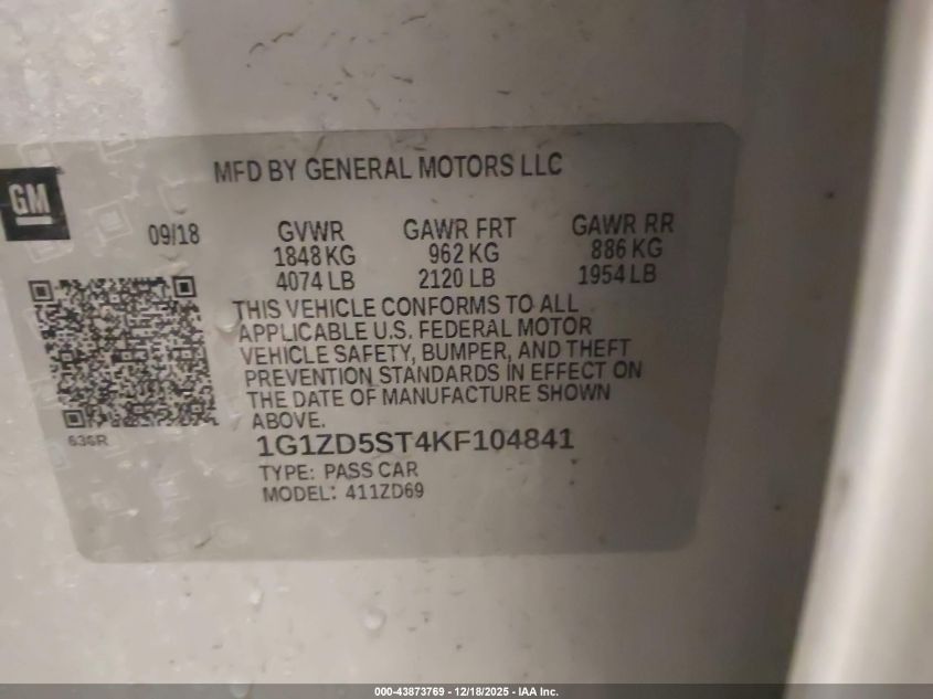 2019 Chevrolet Malibu Lt VIN: 1G1ZD5ST4KF104841 Lot: 43873769