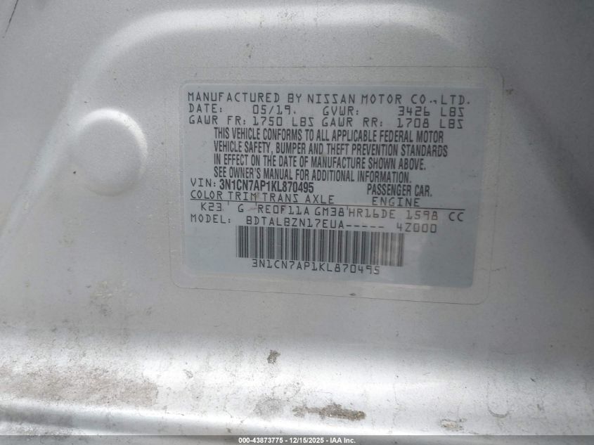 2019 Nissan Versa 1.6 Sv VIN: 3N1CN7AP1KL870495 Lot: 43873775