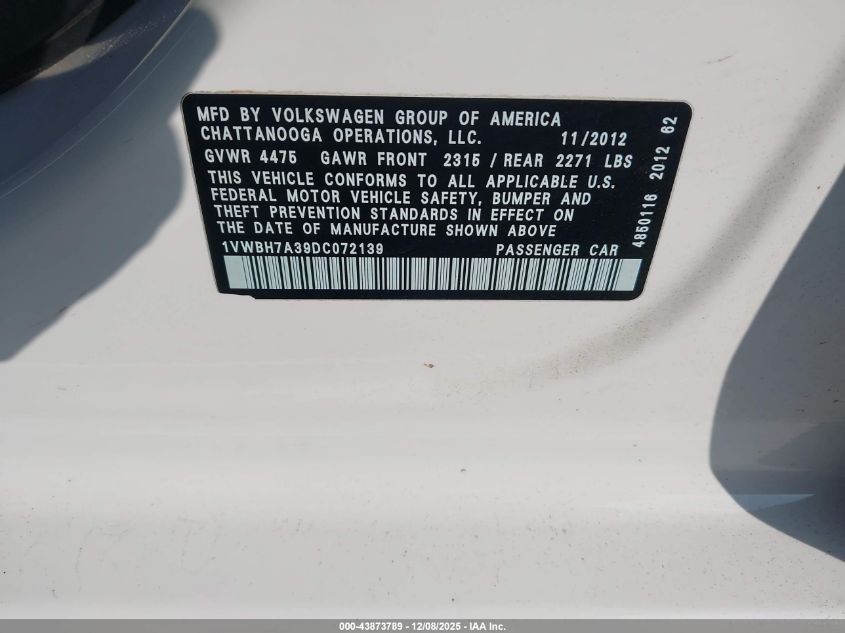 2013 Volkswagen Passat 2.5L Se VIN: 1VWBH7A39DC072139 Lot: 43873789