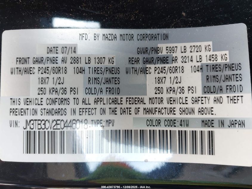 2014 Mazda Cx-9 Touring VIN: JM3TB3CV2E0446018 Lot: 43873790