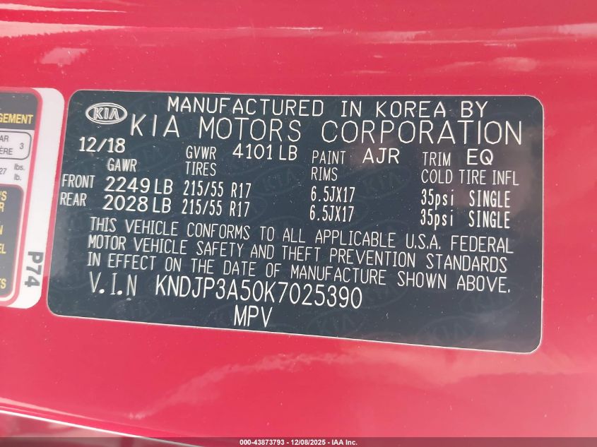 2019 Kia Soul + VIN: KNDJP3A50K7025390 Lot: 43873793