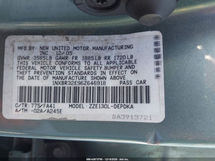 2006 Toyota Corolla Ce VIN: 1NXBR32E96Z646918 Lot: 43873795